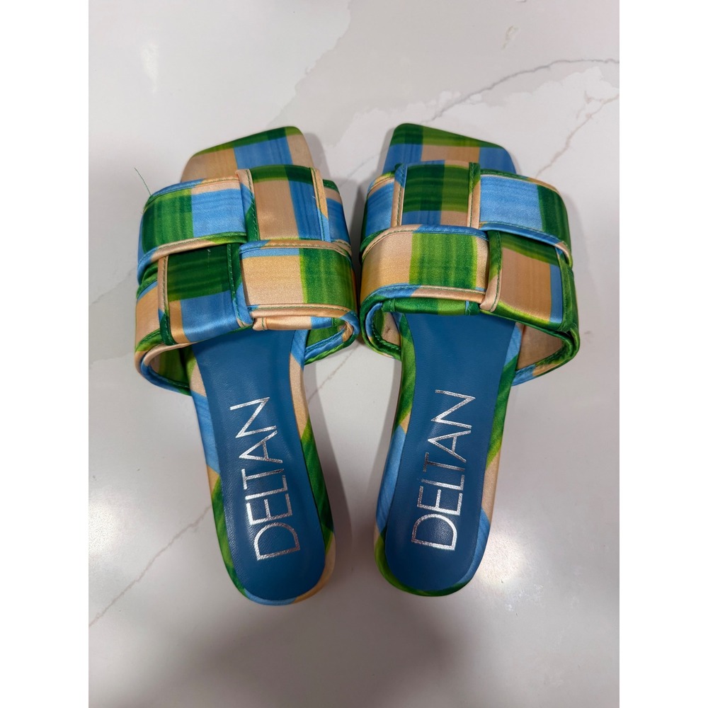 Deltan Woven Plaid Slide Sandals Green Blue Yellow Square Toe Leather Sole 6.5M - Picture 3 of 6